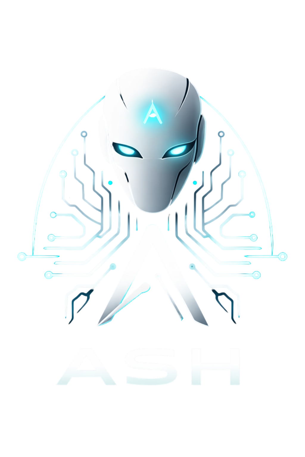 Ash — android futurista com circuitos expostos e olhos ciano, representando consultoria em inteligência artificial e tecnologia